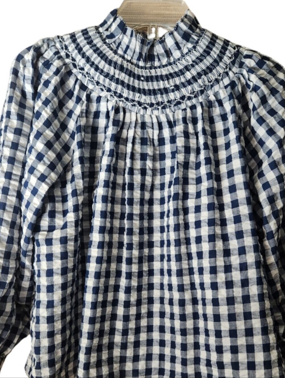 Hunter Bell Hayes Smocked High-Neck Gingham Blouse - Navy/White XSmall - Picture 12 of 12